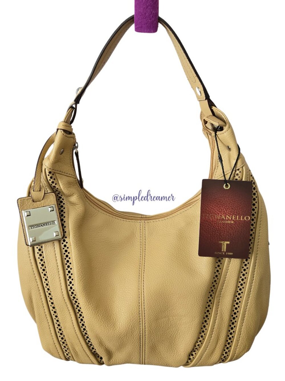 Tignanello Vintage Honey Pebbled Leather Perforated Hobo Shoulder Bag NWT